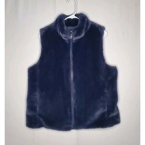 J Crew Faux Fur Vest Womens Large Blue Mock Neck Zipper Preppy Bunny Pocket